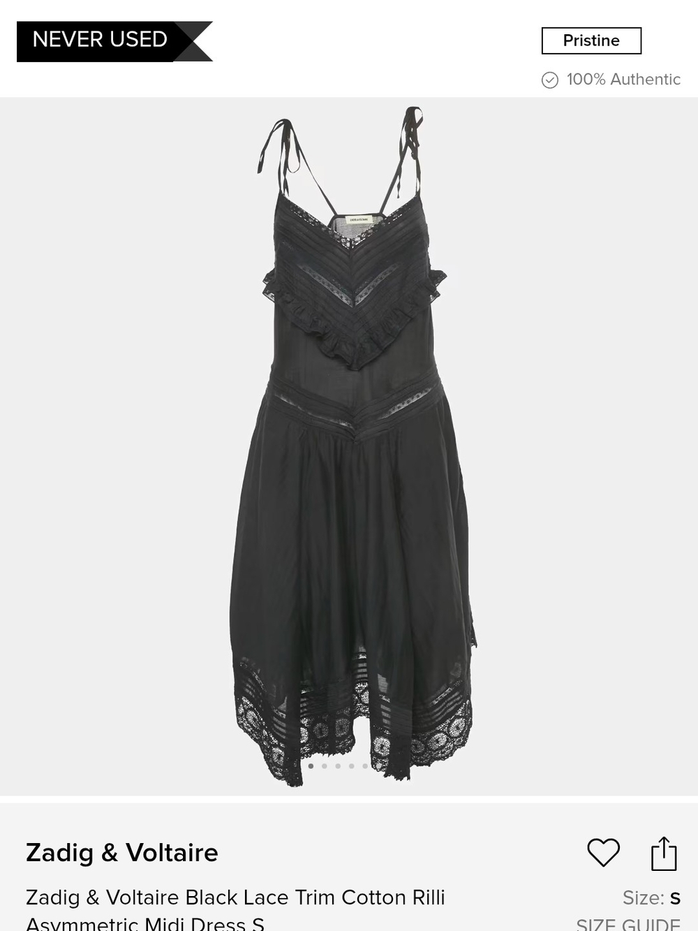 Zadig & Voltaire Rilli Black Lace-Trim Cotton Slip Dress Size Medium